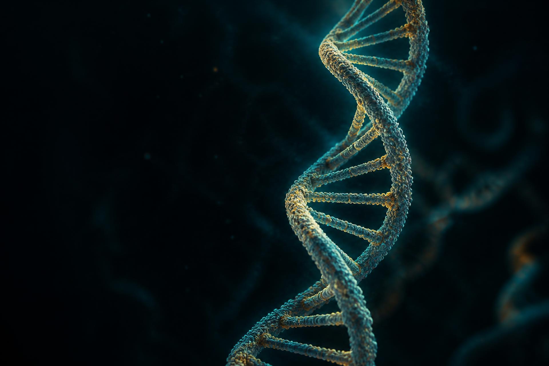Luminous DNA double helix rendered in teal and gold light