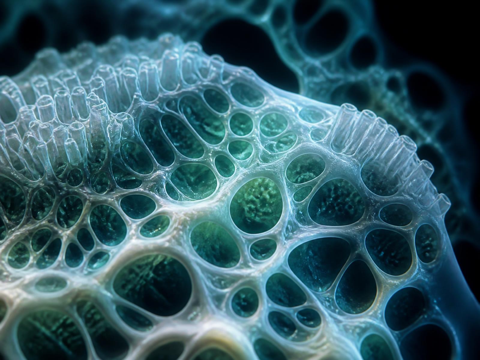 Macro view of a translucent cellular lattice structure